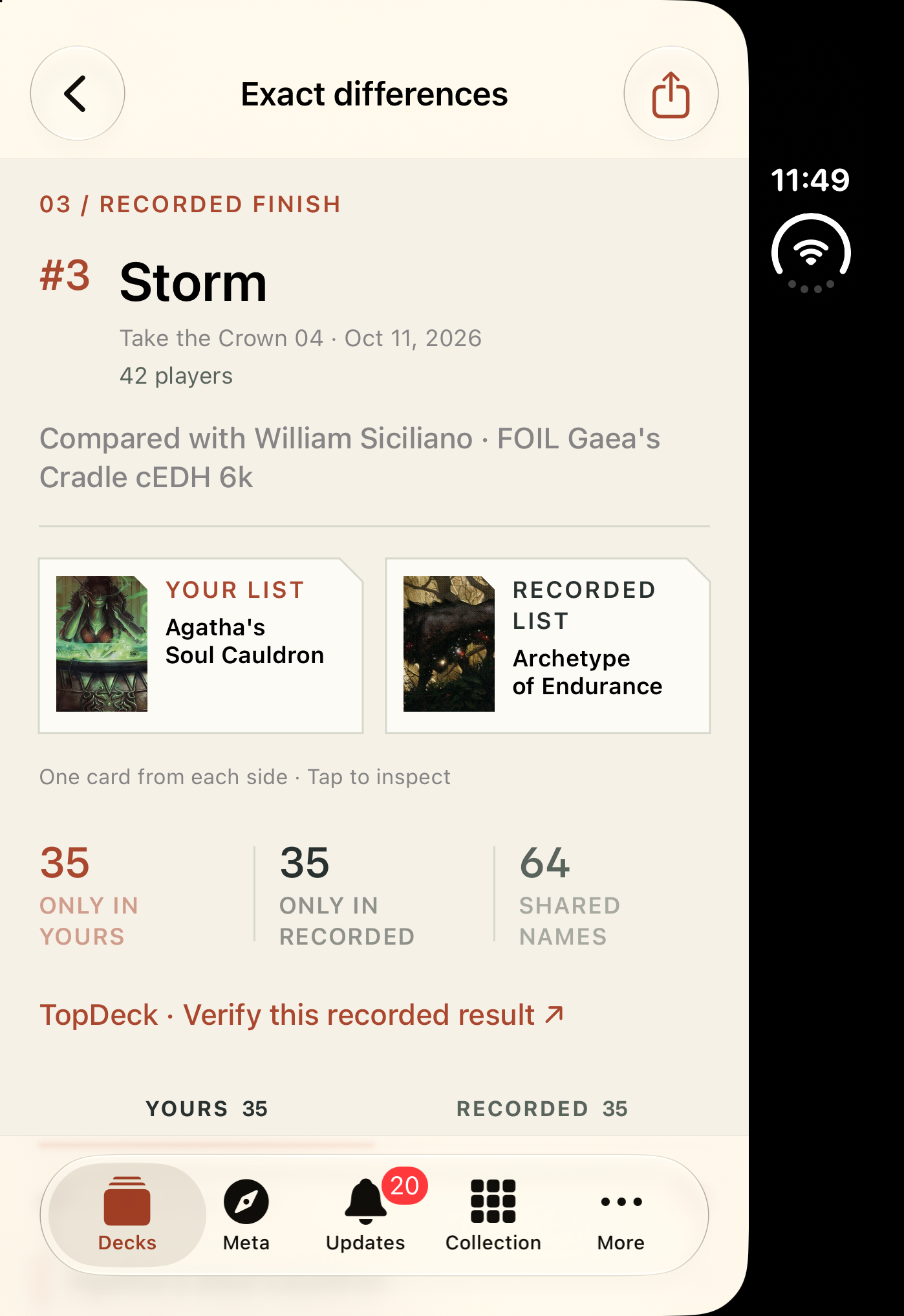 cEDH Deck Compare showing cards only in your list, only in the recorded list, and shared names on Duo’s outer screen